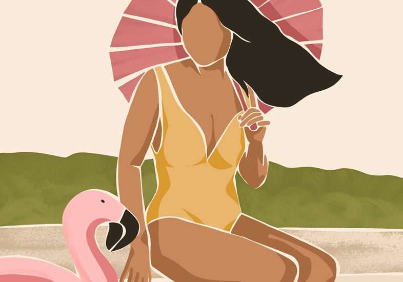 Illustration d'une femme au bord d'une piscine tenant une ombrelle