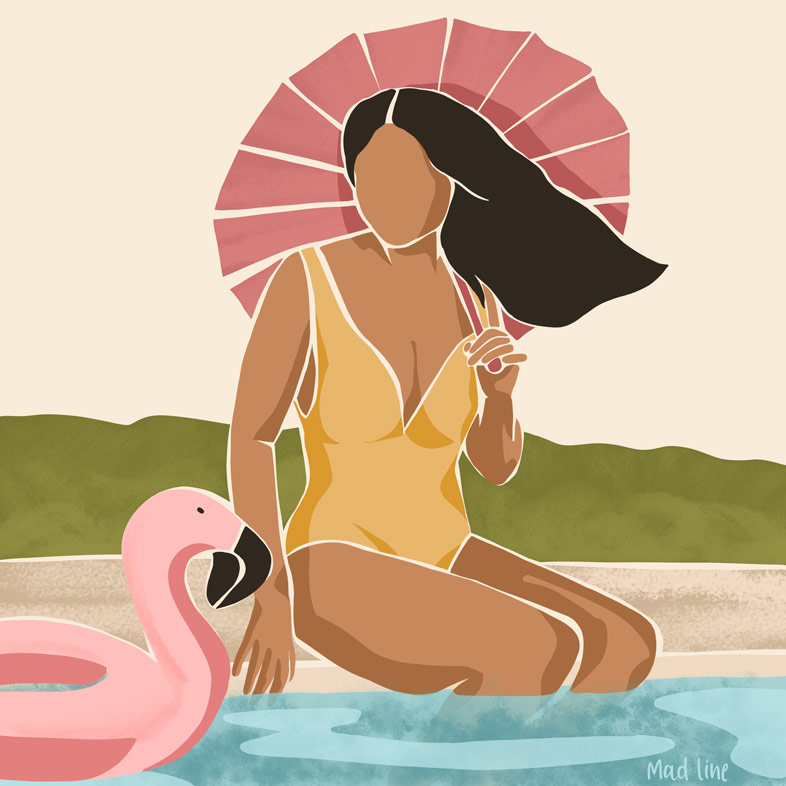Illustration d'une femme au bord d'une piscine tenant une ombrelle