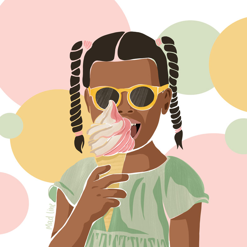 Illustration d'une fillette en train de manger un cornet de glace