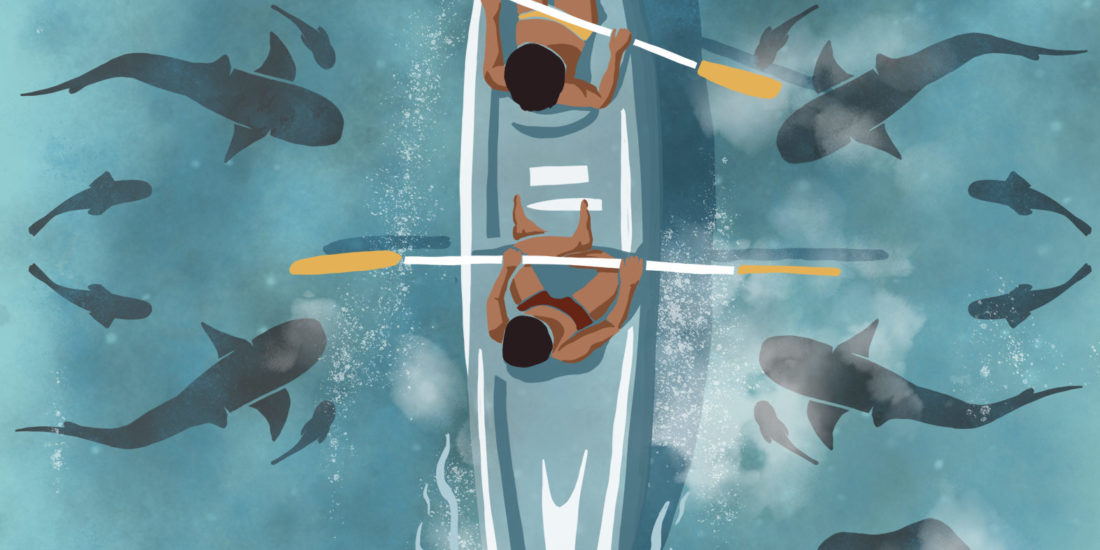 Illustration de deux personnes faisant du kayak au milieu des requins et raies