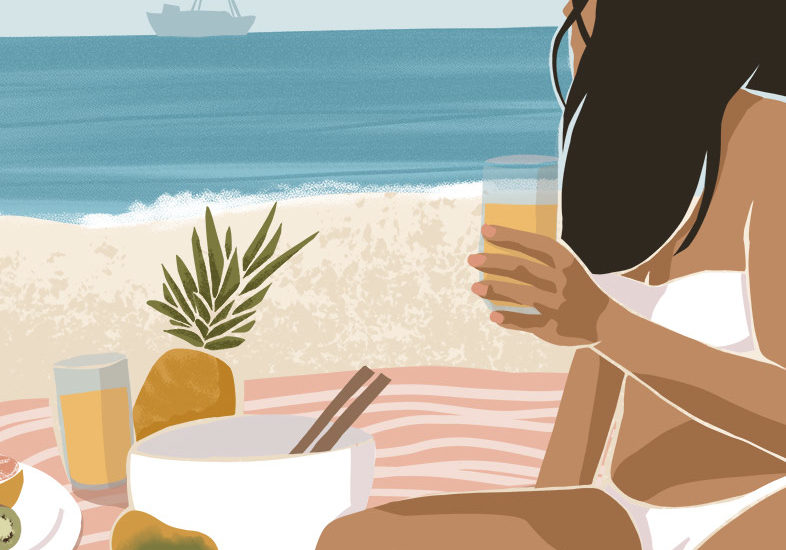 Illustration d'une femme pique-niquant sur la plage