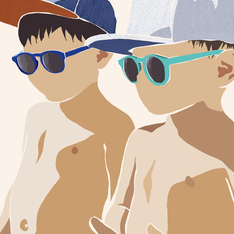 Illustration de deux enfants avec casquettes et lunettes de soleil