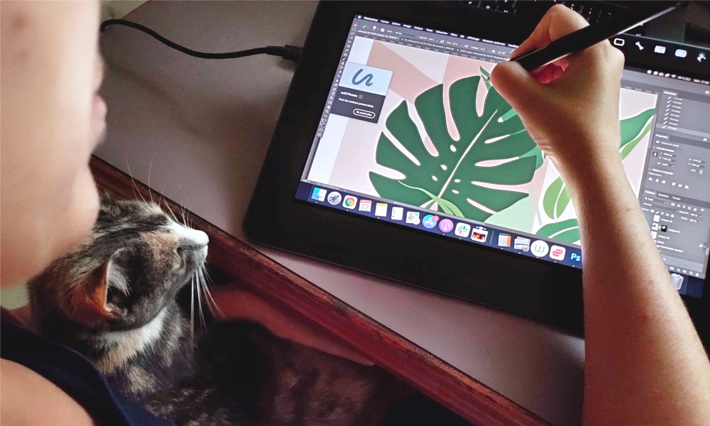 Mad Line et son chat Sunny dessinant sur une tablette graphique