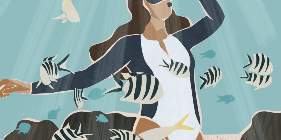 Illustration d'une femme faisant du snorkelling entourée de poissons