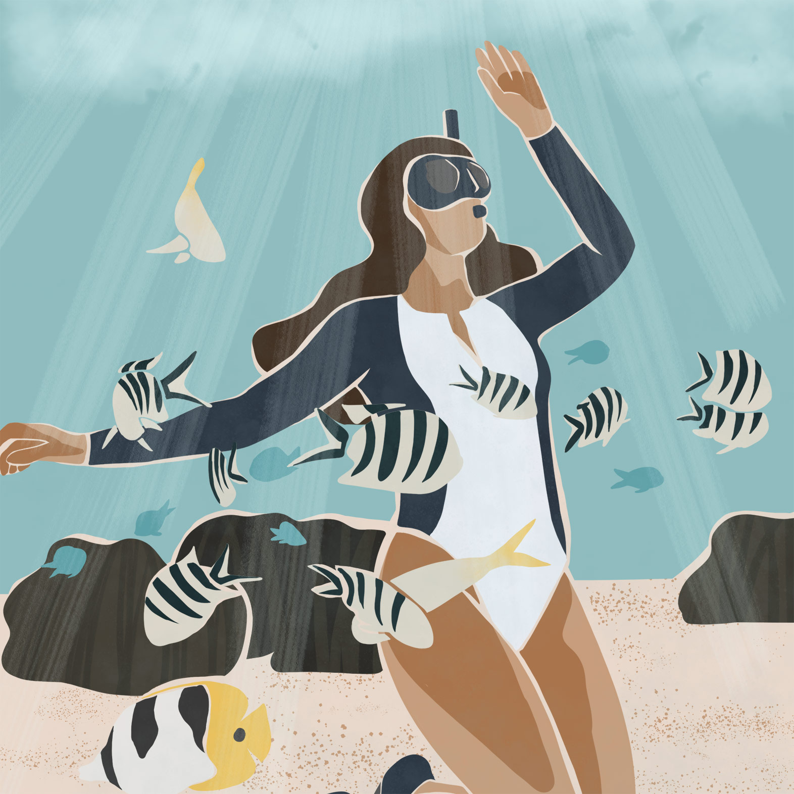 Illustration d'une femme faisant du snorkelling entourée de poissons