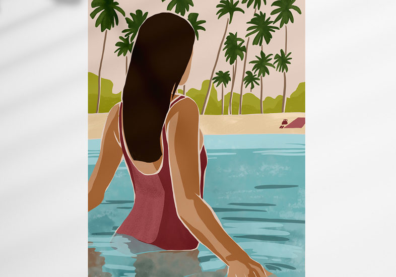 Illustration d'une femme se baignant dans un lagon