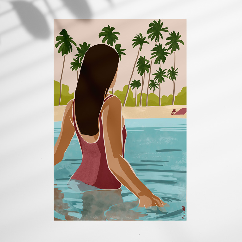 Illustration d'une femme se baignant dans un lagon