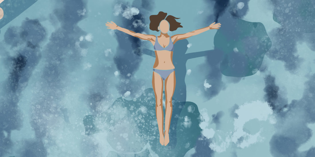 Illustration d'une femme faisant la planche dans un lagon